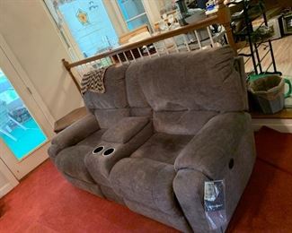 #17	Morris Electric Theatre Double Reclining Seats w/middle Cup Holder & compartments w/USB & Outlets (as is top Spot)  75W 	 $175.00 
