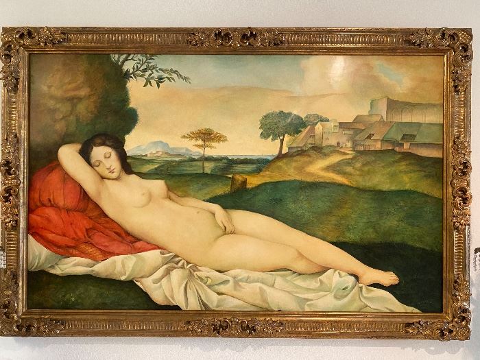 Approximately 78" x 51" framed, Neoclassical motif painting on panel of reclining nude woman. Beautifully framed, Italian, comtemporary.   $2800.00  No calls/email only please.