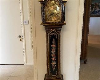 Grandmother clock, approx 80" tall with finial, beautifully painted and lacquered. $1295.00 No calls/email only please. 