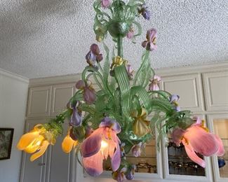 Fabulous Iris motif Murano chandelier with pale greens, lavenders, and pale yellows. In wonderful condition. Purchased in Italy in the 70's Approx 3' top to bottom and 29" wide.  SOLD (other examples online being sold for 8-12k) No calls/email only please. 