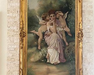 Painting on fabric, Women with Cherubs. Beautiful gold frame. (some water damage at bottom.) Measures approx 78" x 49"  $595  No calls/email only please. 