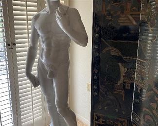 Carrara Marble "David" purchased in the 70s from the Studio of Raffaello Romanelli in Florence. David is beautifully sculpted. Approx 75" tall and 49" across at base. Polished. $5,800  (replacement cost today over $45,000 Euros!) No calls/email only please. 