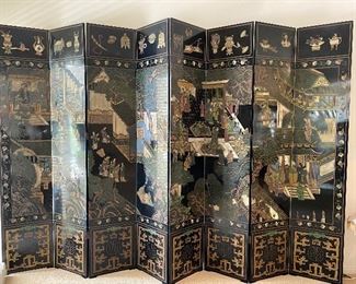  8 Panel Coramandel Screen. Both sides are decorated. Each panel measures approx 18" x 94" (x 8 panels.) Some minor losses, chipping to lower panels. Was in the Mission Inn in Riverside before being acquired by Warren Imports of Laguna Beach before our clients purchased. $3,800  No calls/email only please. 