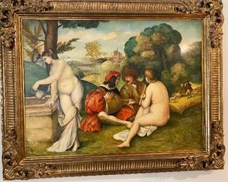 Painting on panel, Contemporary Italian artwork with neoclassical design including two nudes and two minstrels. Beautifully painted and framed. $2, 800 Measures approx 38" x 48"  No calls/email only please. 