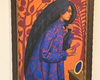 Wonderful late Mid Century painting on canvas, Woman in purples/blues with orange and red background. Signed Lane, '74 Measures approx 45" tall x 31" wide.   No calls/email only please. 