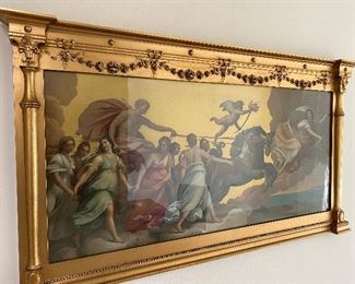 Neoclassical scene in beautiful gold frame with bows and garlands. Wavy glass. Approx 28" x 48" No calls/email only please. 