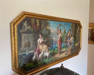 Old print in beautiful gold gilt frame. Women with animals, birds and fountain. Approx 23" x 46 1/2" Very nice condition. $225.00  No calls/email only