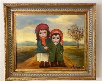 Oil on canvas, Boy and girl standing on road with tree in background. Signed lower right Stephenson(?) Approx 31 1/2" x 37" framed    No calls/email only please