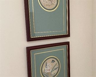 Pair Watercolors, pair framed round center mat. Floral with bird, Floral with butterfly. Measure approx 17 1/2" x 13 1/2" framed. 