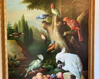 Oil on Canvas, cockatoo and assorted birds eating fruit in the 18th C style. No signature. Measures approx 53" x 43 1/2 framed. $595  No calls/email only please. 