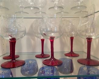 Set of (6) red stemmed etched goblets "San Souci" Approx 7 1/4 " tall  $90/set 6   No calls/email only