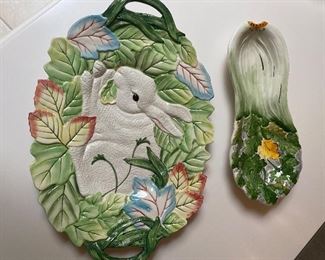 Lot of 2, Fitz and Floyd Bunny platter and Italian celery dish. Bunny platter measures approx 12 1/2" x 18" and Italian celery dish measuresapprox 14 1/2" long. $65 for both. No calls/email only please.  