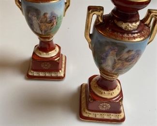 Pair small ceramic urns Erphila Czechoslovakia. Neoclassical design, deep red with gold trim. Measure approx 6" tall $68 pair. No calls/email only please. 
