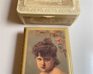 Lot of two boxes, one vintage old hard plastic Asian motif (upper)  (approx 10"x 8" x 4") and one Italian wood lacquer music box with feet (approx 9 1/2 x 7" x 3".) Music mechanism appears to be in working condition. Both boxes for $125 No calls/email only please. 