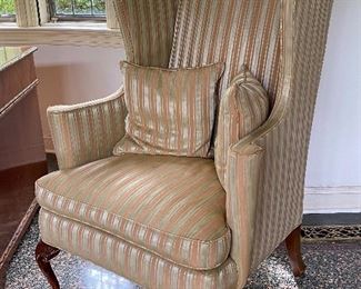 PAIR OF STRIPED WING BACK CHAIRS 