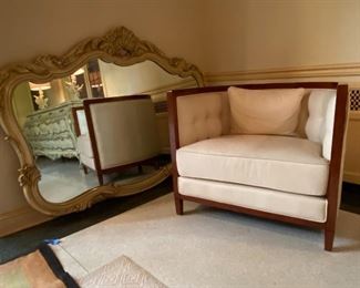 LARGE FRENCH STYLE DECORATOR MIRROR AND LOVELY CLUB CHAIR