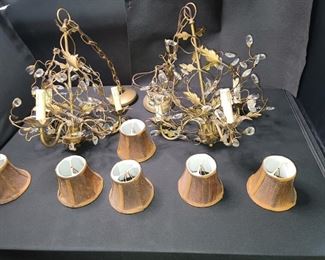 2 Three Light Chandeliers with Gold Colored Leaves