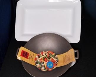 Cast Iron Wok and Glass Serving Dish Possibly Ceramic