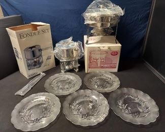 New Fondue Set, Chafing Dish Set, and Frosted Plates