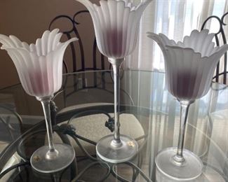 Three Vintage Frosted Glass Flower Candle Holders