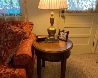 end table, brass table lamp, and home furnishings