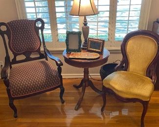 Antique side chairs with round drum pedestal  end  table