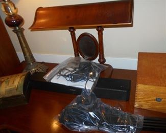 Wood desk lamp and Globe Warneke file box