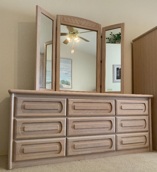 Oak White Wash Bedroom Suite: Dresser w 3-Way Mirror, Highboy, 2 Nightstands and Armoire 
