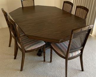 Vintage Octagon Dining Table w 6 Caned Back Chair and Leaf