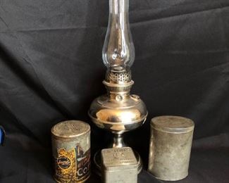 Vintage Oil Lamp and Three Vintage Metal Tins 

