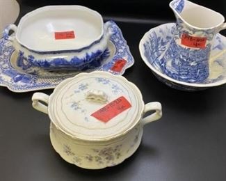 lot of blue and white dishes