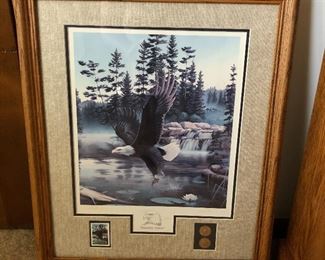 Many limited edition and collector edition signed wildlife prints, including “Boundary Waters” by Leo Stans (1990).  This is a National Park Series Print, and it includes a mounted collector’s edition stamp and a pair of 22K gold leaf medals.