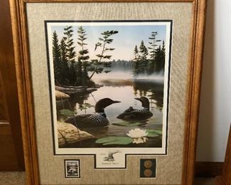 Many limited edition and collector edition signed wildlife prints, including “Boundary Waters” by Leo Stans (1990).  This is a National Park Series Print, and it includes a mounted collector’s edition stamp and a pair of 22K gold leaf medals.