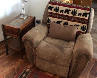 Mechanical recliner, suede-like; side or accent table by Riverside Furniture.