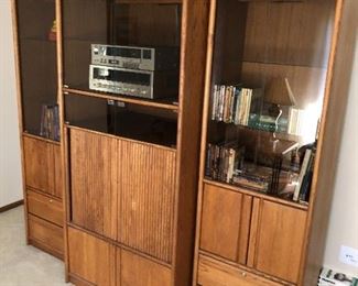 Entertainment center; Infinity speakers and various audio components; DVDs.