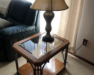 Glass top side/accent table; nice selection of lamps/lighting to be sold.