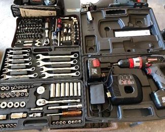 Many nice tools and tool sets to be sold, including these Metrinch and Craftsman wrench and socket sets, and thus Craftsman 14.4-bolt battery-powered drill.