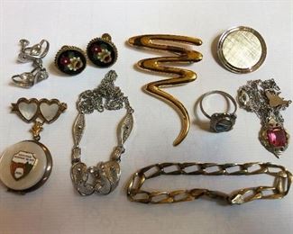 Small selection of vintage and sterling jewelry, including a pair of micro mosaic earrings.