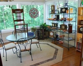 Clocks galore, carnival- purple and marigold, patio set and that "1900" chair