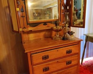 R314 Antique Dresser with Unique Mirrors  Hurricane Lamps
