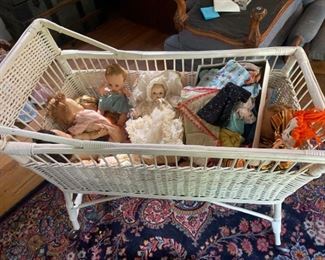 164L Vtg. Dolls, Doll Clothes and Wicker Crib