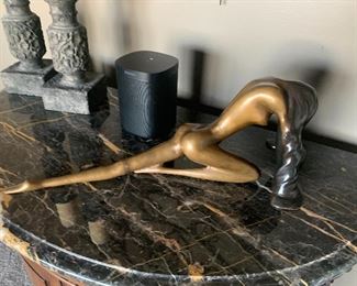 Bronze lady sculpture, downward dog improvised; 