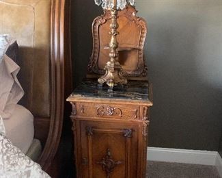 Pair of Antique walnut carved side tables with marble and candle stand