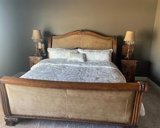 Henredon King sleigh bed, leather accents, like new