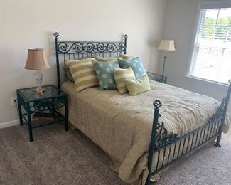 Iron queen bed, 2 side tables