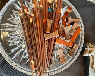 Wooden chopsticks, glass serving trays