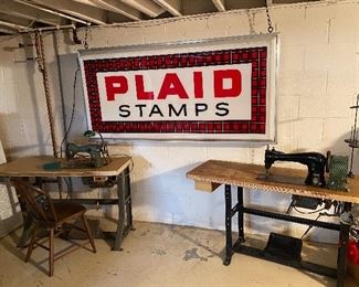 "Plaid Stamps" electric sign.  Needs bulbs (they try to light, but new bulbs are needed....)