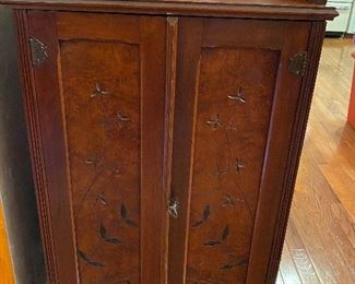 Music cabinet with a great look, Ca. 1875. Walnut with burled walnut and ebonized (black) details.  Original finish