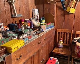 Miscellaneous tools and household goods, antique chairs