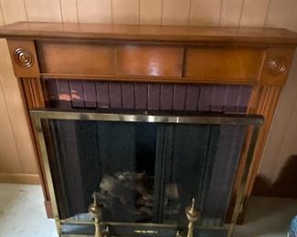 Electric Faux Fireplace with logs and brass accessories. Needs new cord.